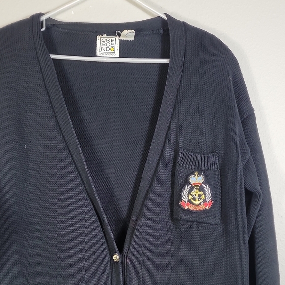 Vintage Women Button Up Cardigan Size L Crest Academia Teacher Navy Preppy Knit - Picture 2 of 13